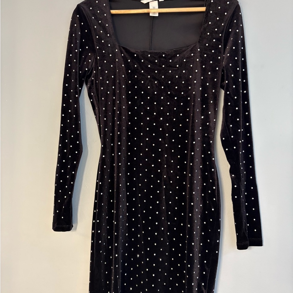 H&M Black Velvet Long-Sleeve Dress with Silver Studs